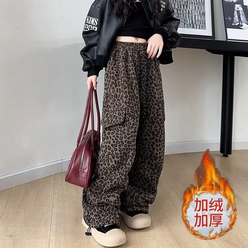 الشتاء بناطيل تدفئة للفتيات سميكة الصوف مبطن الأطفال سراويل تقليدية 120-170 الكورية نمط ليوبارد طباعة Sweatpants للفتيات