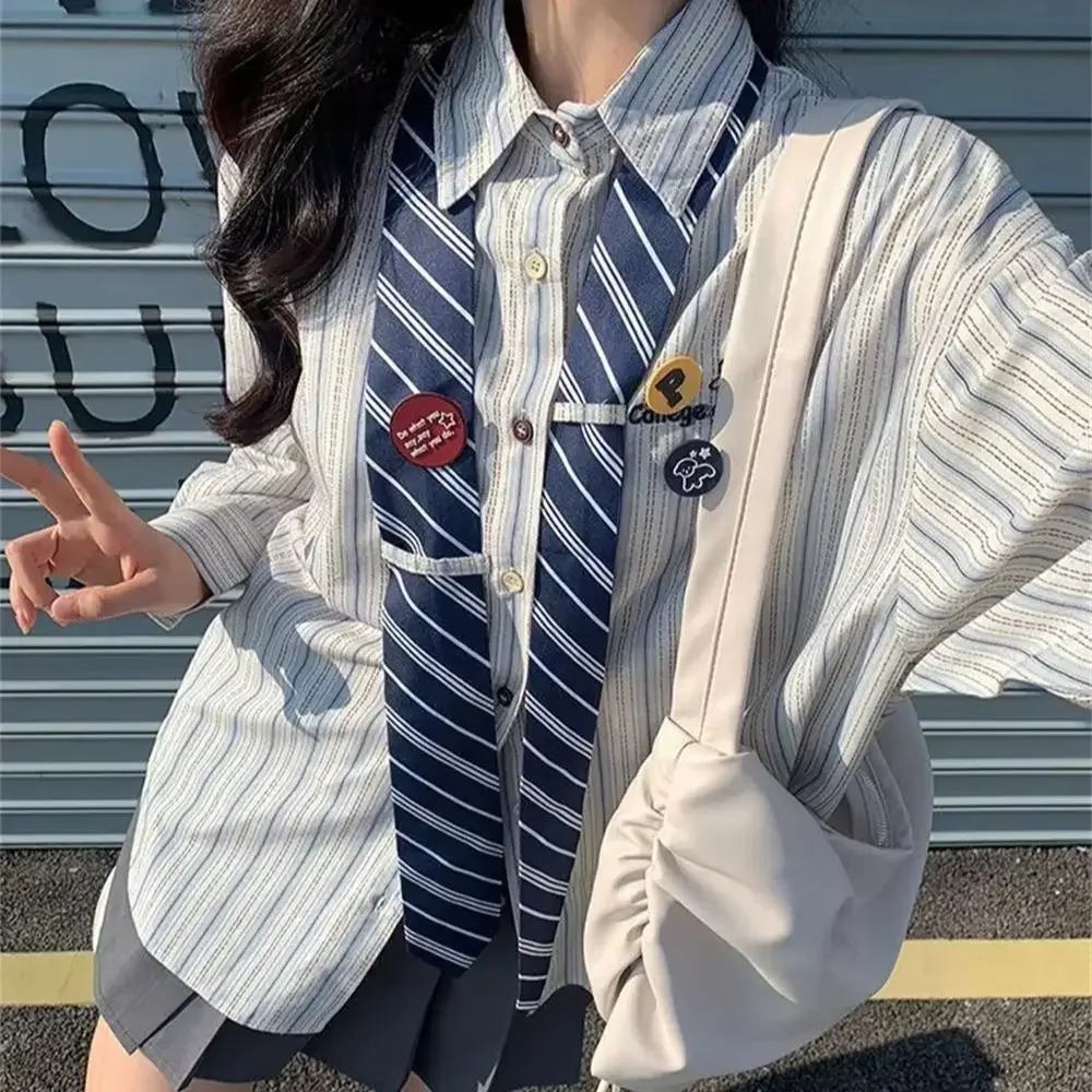 

Korean Preppy Style Shirts Women with Tie Casual Summer Fashion Student Clothes Striped Print Chic Tops Vintage American Shirts