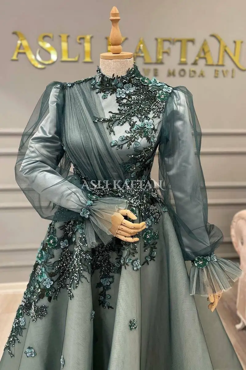 Marroquino kaftan muçulmano vestidos de noite a linha mangas compridas apliques pérolas dubai árabe turquia abaya islâmico vestido de noite