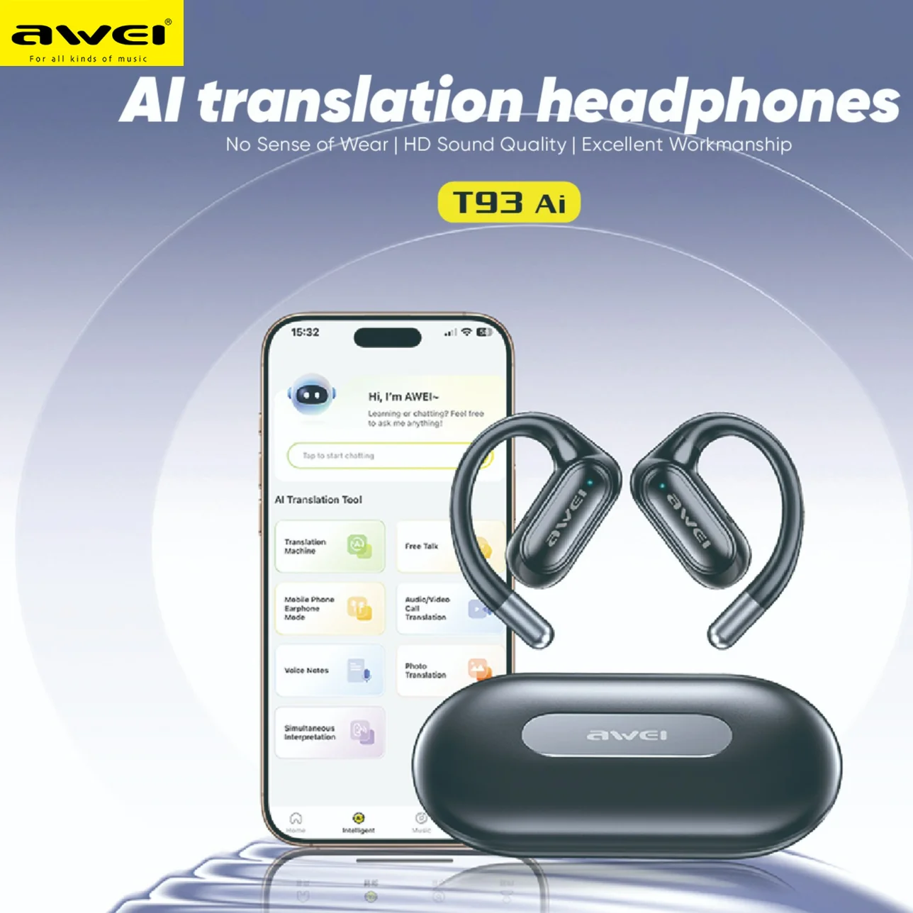 AWEI T93 Translation Earbuds Real Time Bluetooth 5.3 OWS 2026 Wireless Stereo Earhook Earphones for Calls Sports Travel IPX6