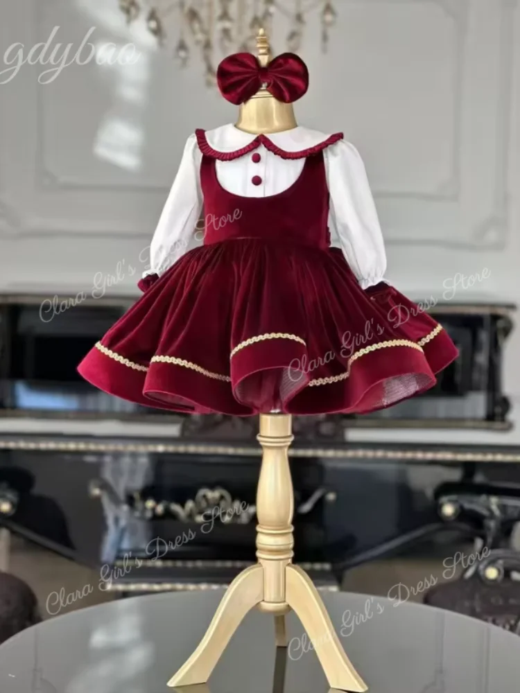 

Детское осеннее бордовое бархатное винтажное платье принцессы для девочек, подходит для дней рождения, праздников, Ид и Рождества