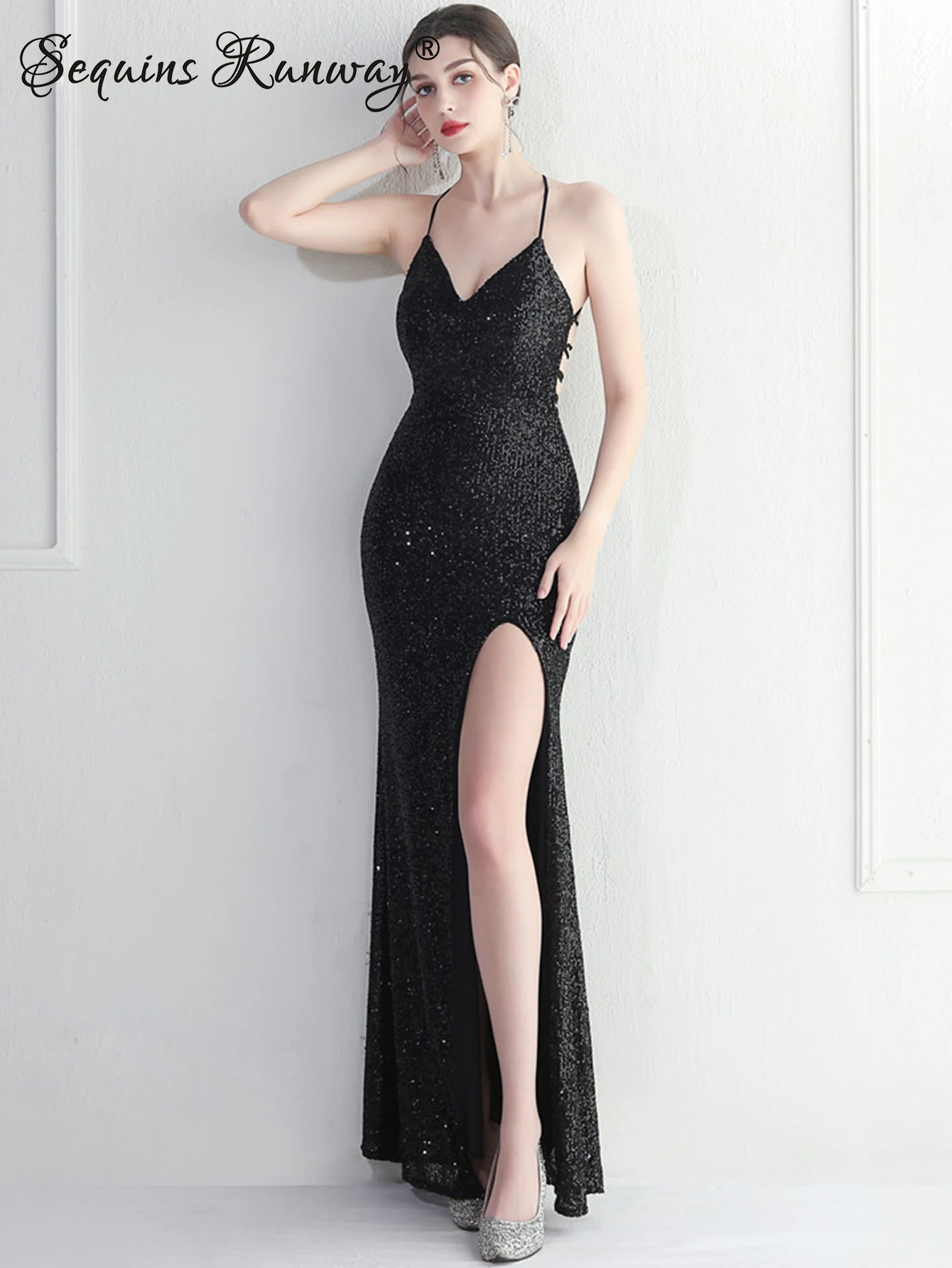 Sexy backless black maxi sequin slip summer dress women elegant birthday party long dresses luxury prom evening dresses vestidos