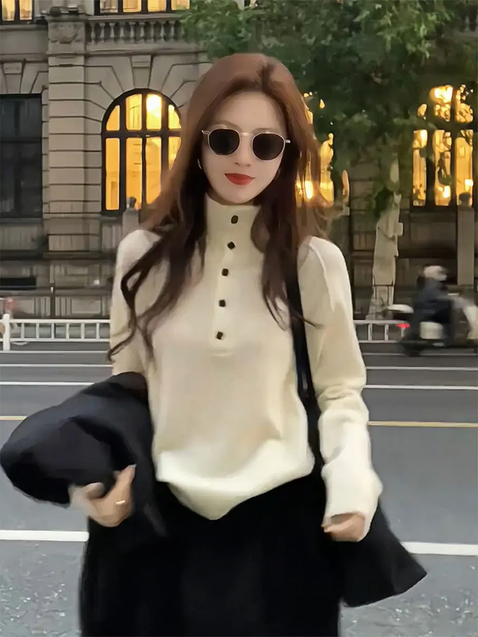 

Korean Style Women's High Collar Knitted Long Sleeve Loose Base Shirt Autumn Winter Seasonal Comfortable Inner Wear Top