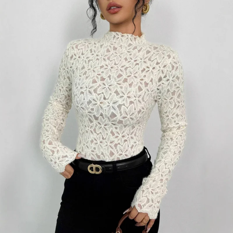 

European and American New20252025Spring Summer New Women's Ruffled Half High Neck Lace Slim FitTWomen's-shirt