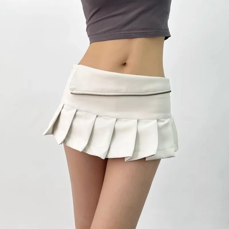 Y2K PU Leather Pleated Mini Skirt With Shorts Lining Women Sexy Zipper Summer Low Waist Short Coffee White Black