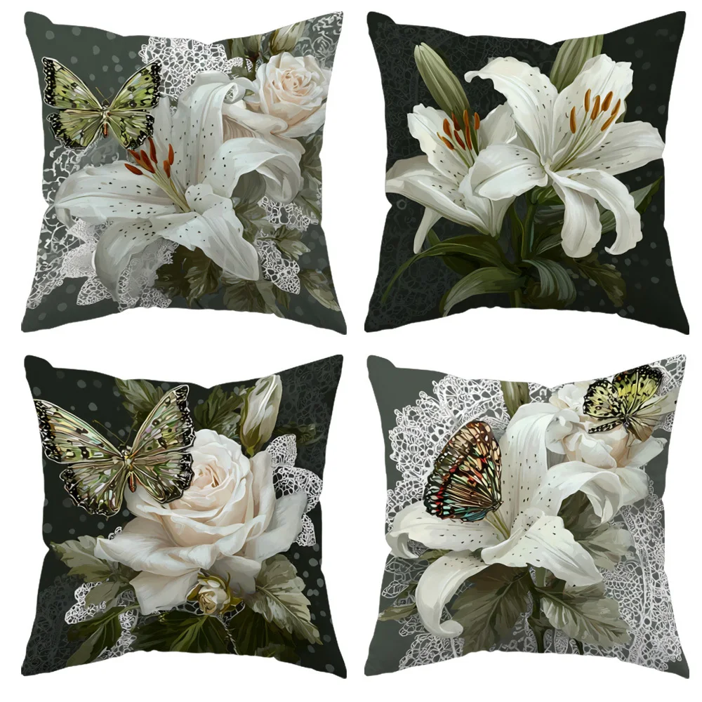 Elegant Floral Butterfly Lily Rose Pillowcase Cushion Cover for Bedroom Home Decor Printed Botanical Bed Accent Queen Size Throw