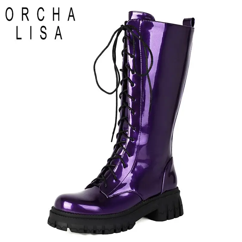 ORCHA LISA Hot Shiny Female Knee High Boots Round Toe 4.8cm Thick Heels Platform Zipper Lace Up Large Size 41 42 43 Winter