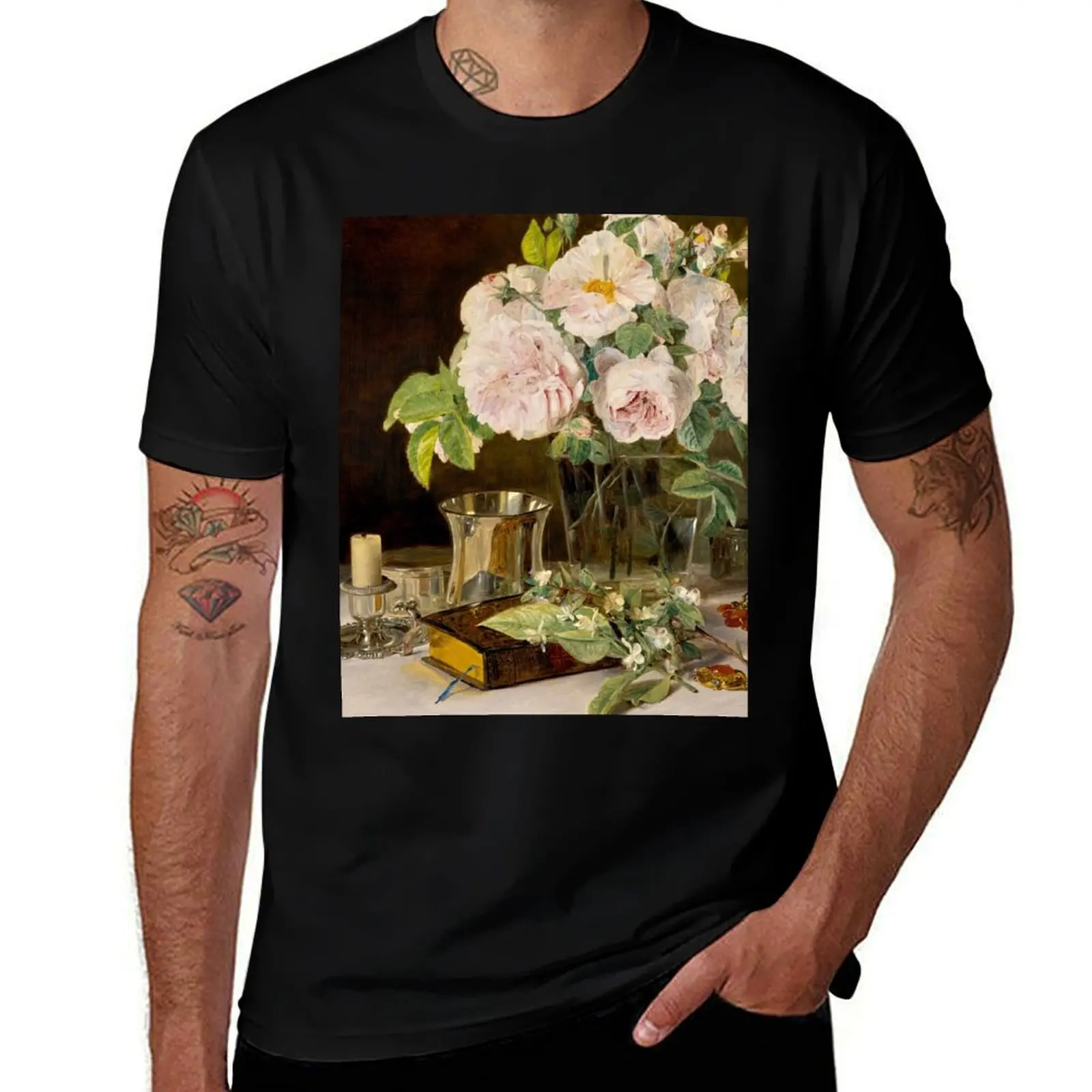 Still Life of Roses in a Glass Vase, A Candlestick, A Book, and Silver Cup by Ferdinand Georg Waldmüller (retouched) T-Shirt