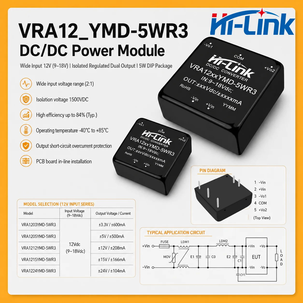 5W DIP Packaged Switch Block VRA1205YMD VRA1205YMD VRA1209YMD 9 To 18V Nominal 12V Input Standard Pin Inline Mount Component