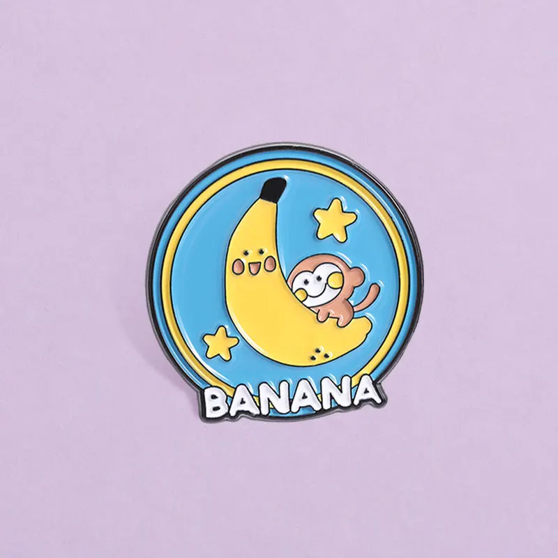 Cute Monkey Banana Moon Enamel Pin, Kawaii Cartoon Star Lapel Brooch Badge Lovely Gift for Kids Girls