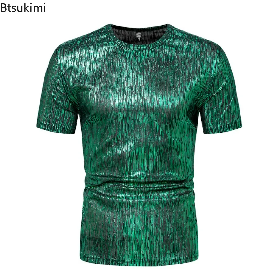 

Men's Summer Shiny Short Sleeve T-shirts Trend Retro Casual O-neck Pullover Men Streetwear Disco Nightclub Party Tops Shirts New