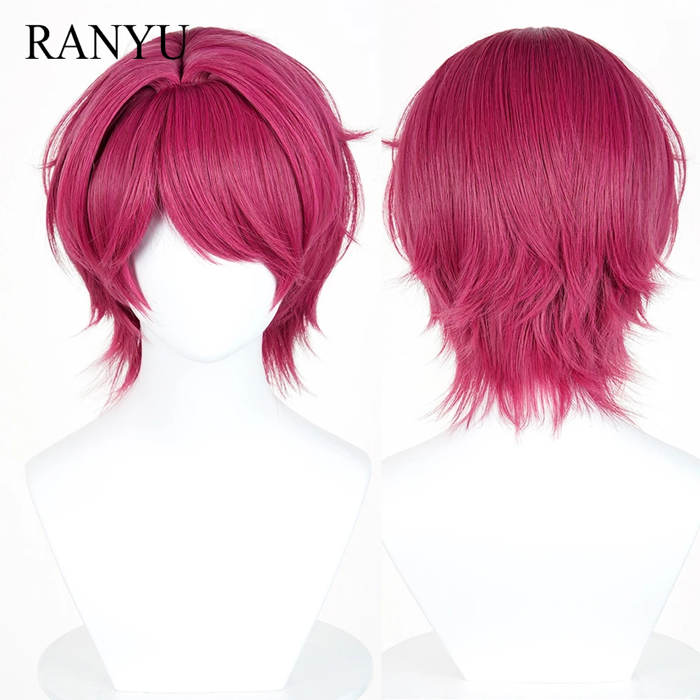 Rose Red Short Straight Synthetic Wigs with Bangs Anime Game Cosplay Fluffy Wig Heat Resistant for Daily Party