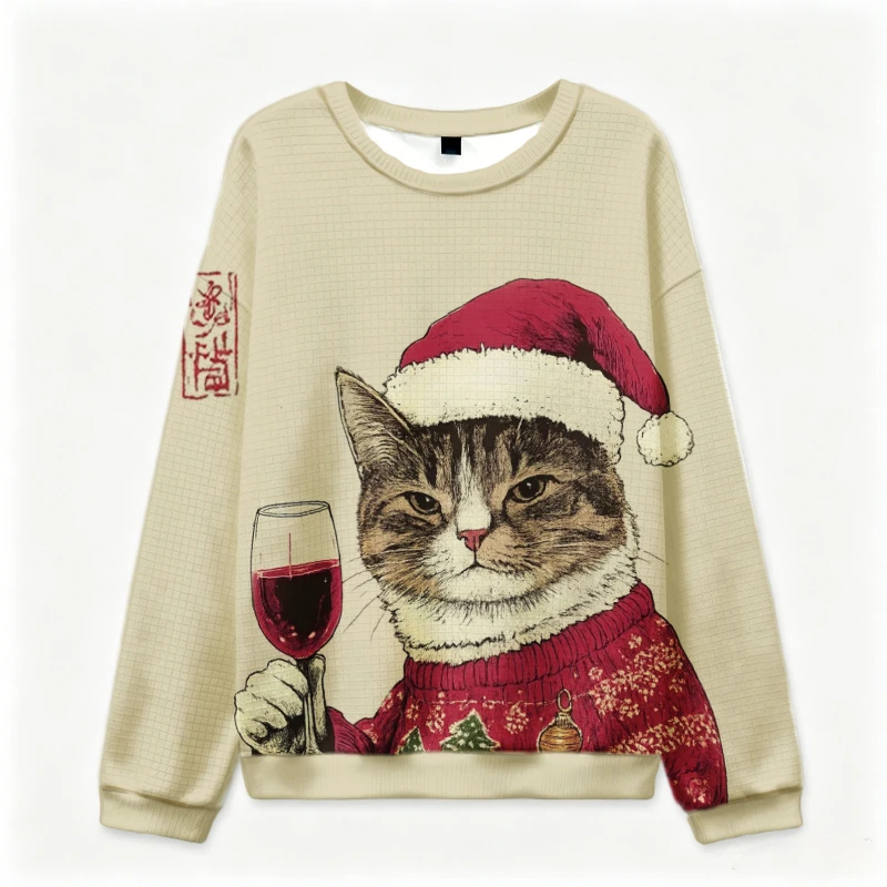 Men Vintage Santa Cat Graphic Crew Neck Sweatshirt Fashhion Long Sleeve Oversized Texture Fabric Pullovers 2026