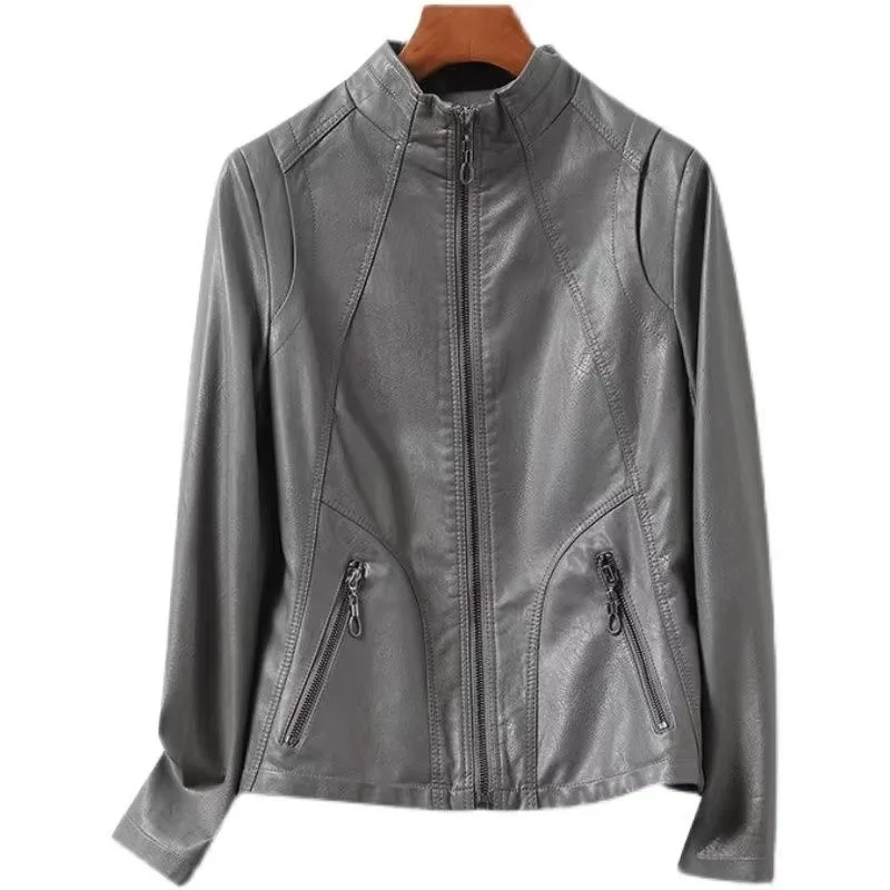 秋の女性用シープスキンコート、大きいサイズ3XL、レザージャケット、女性用スタンドカラー、スリムジップレザートップス、内側カラーブロックデザイン