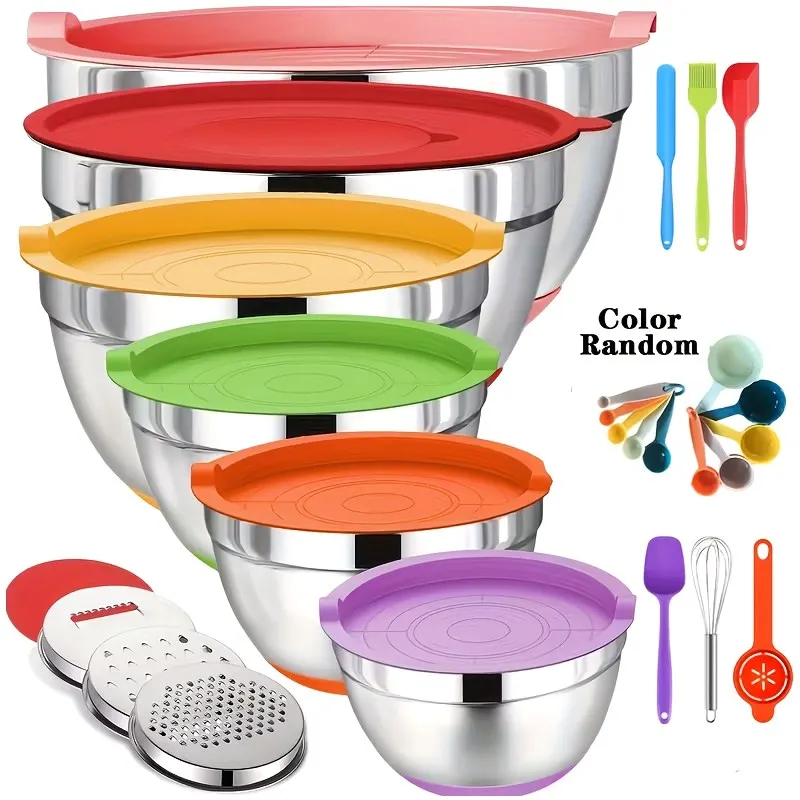 

26-Piece Stainless Steel Mixing Bowl Set – 6 Nesting Bowls (1.1–4.5 QT) with Secure Snap Lids & Non-Slip Silicone Bases + Bonus Kitchen Tools | Ideal for Baking, Salad Prep, Mixing, Storage & Gifting