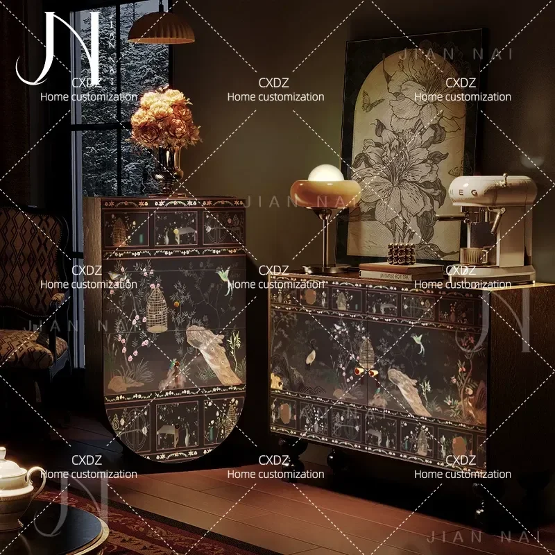 French Chinese style four chest cabinet flower and bird solid wood living room wall storage cabinet fully equipped dining
