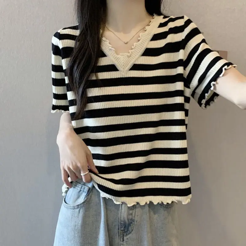 Large Size Wood Ear Striped Short Sleeved Sweater T-shirt for Women's Summer New Loose Appear Thin Slimming Simple Top