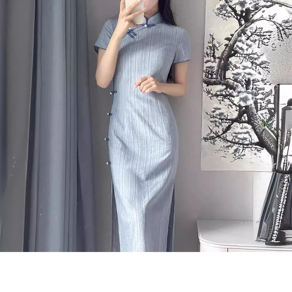 Frauen Sommer blau lange Cheong sam chinesischen Stil weibliche Baumwolle Qipao Vintage verbesserte traditionelle Kleid gestreifte Kleider s2576