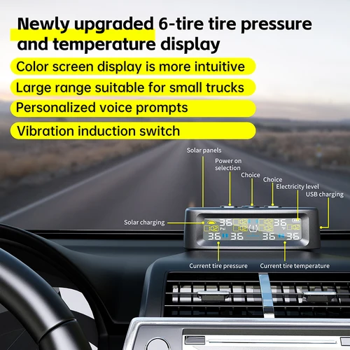 Imagen 2 del producto Alarma de presión de neumáticos de coche TPMS Solar pantalla Digital colorida 4 o 6 sensores externos advertencia de temperatura de presión de neumáticos impermeable
