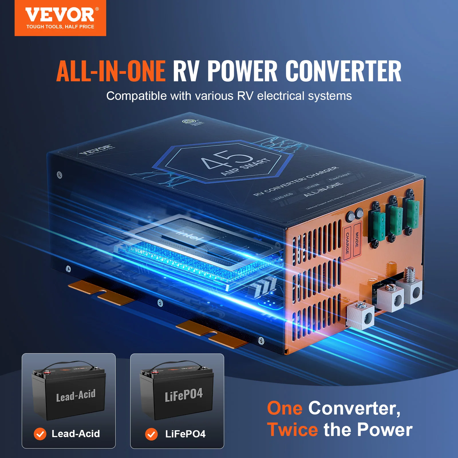 VEVOR RV Converter 45/55/80 Amp 110V AC to 12V DC Battery Charger 4 Stage Smart Charging 13V to 16.5V Adjustable Operating Range