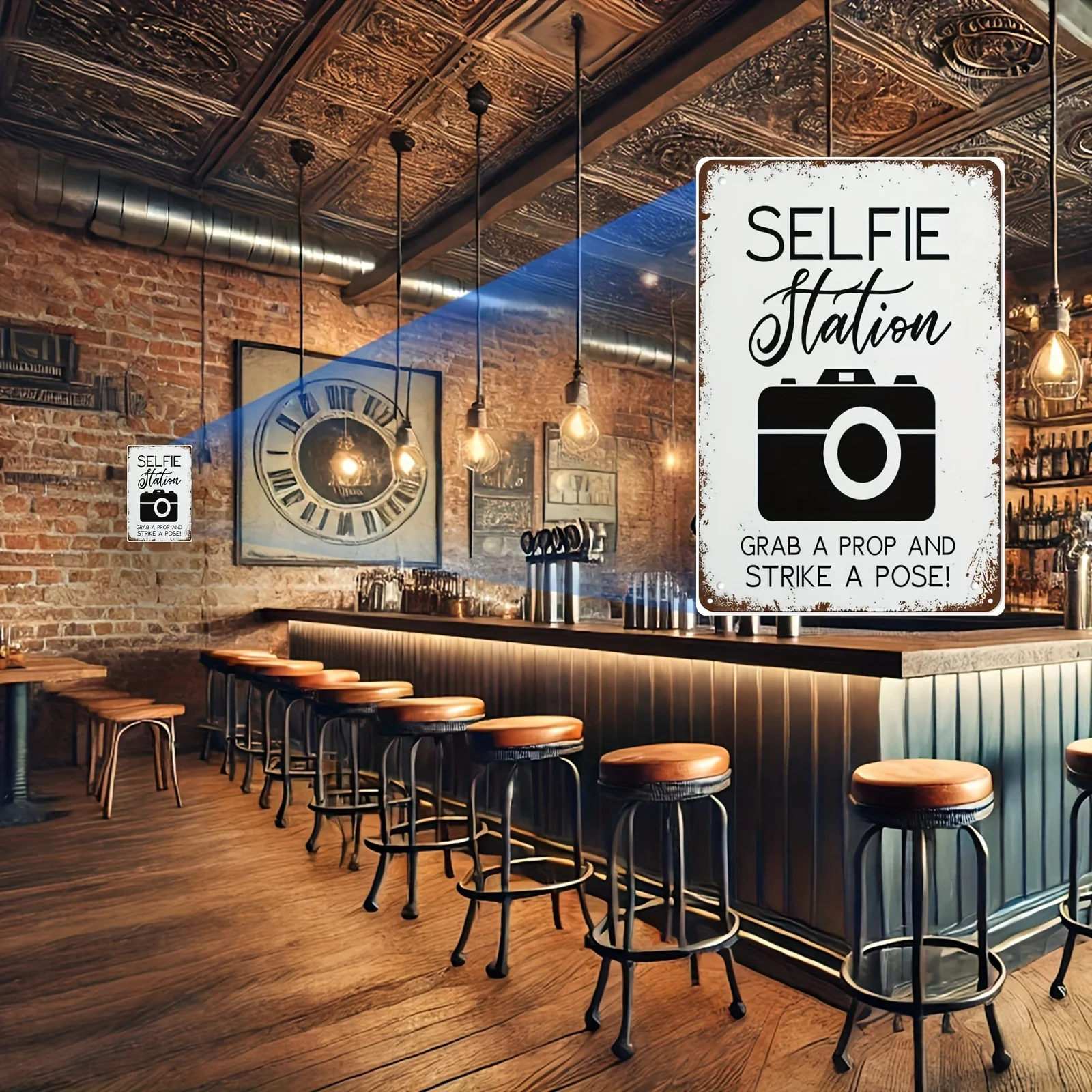 Vintage Metal Selfie Station Sign - Rustic Wall Art with Camera Design, 