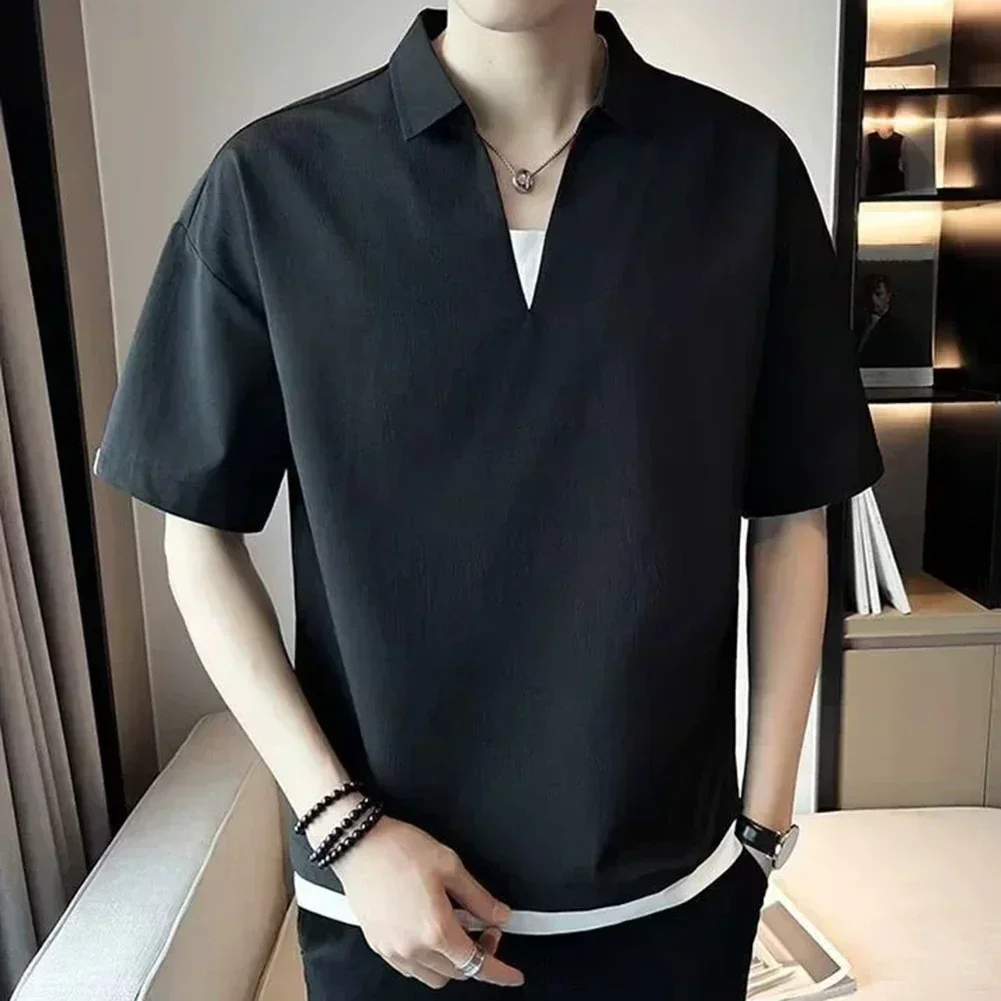

Fashion Solid Color Shirt V Neck Short Sleeve Mens Summer T-Shirt Solid Color T-Shirt Summer Lightweight Tee Men's Fashion Top