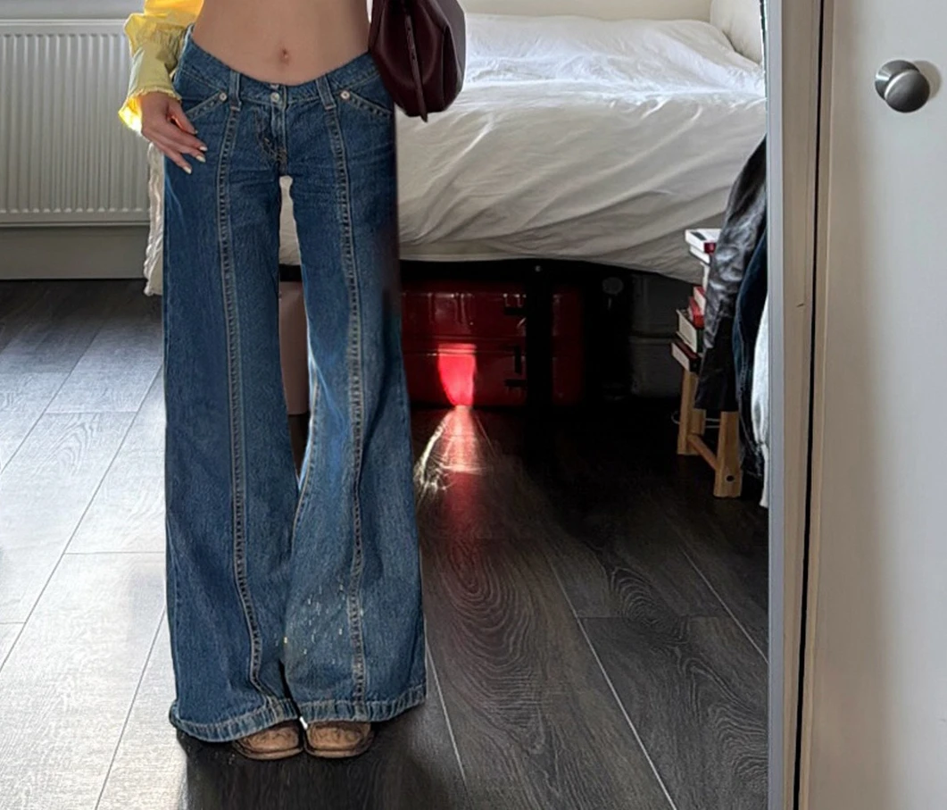 Jeans micro alargados retrô patchwork para mulheres no outono e inverno, calças justas e largas para abraçar o chão