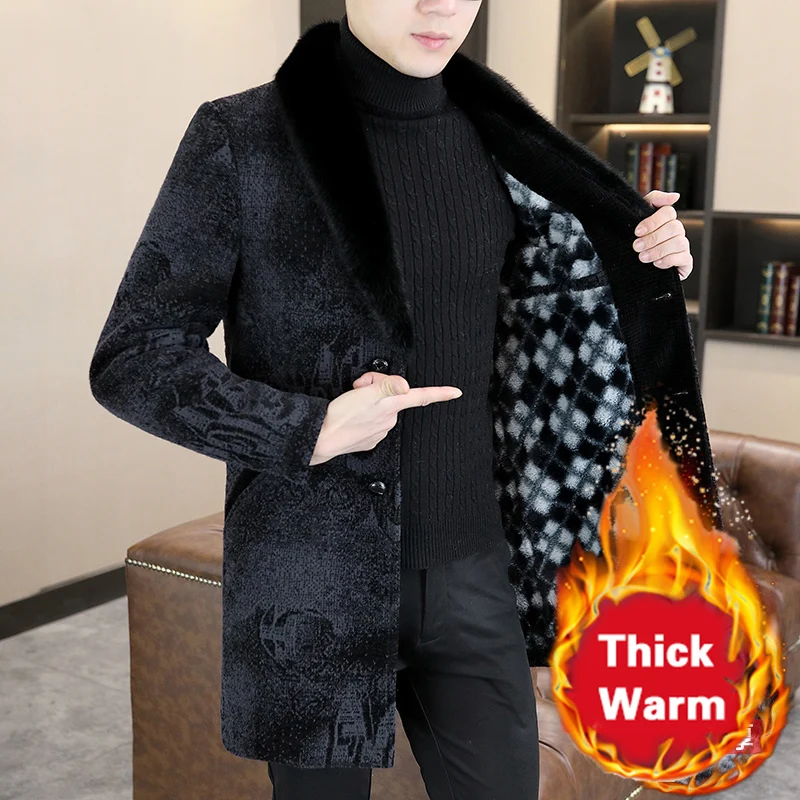 

2025 Корейский Королевский Принт Бархатное Теплое Пальто Дизайнерское Мужское Пальто Верхняя Одежда Зимняя Шерстяная Куртка Мужская Модная Длинная Куртка Пальто Мужское