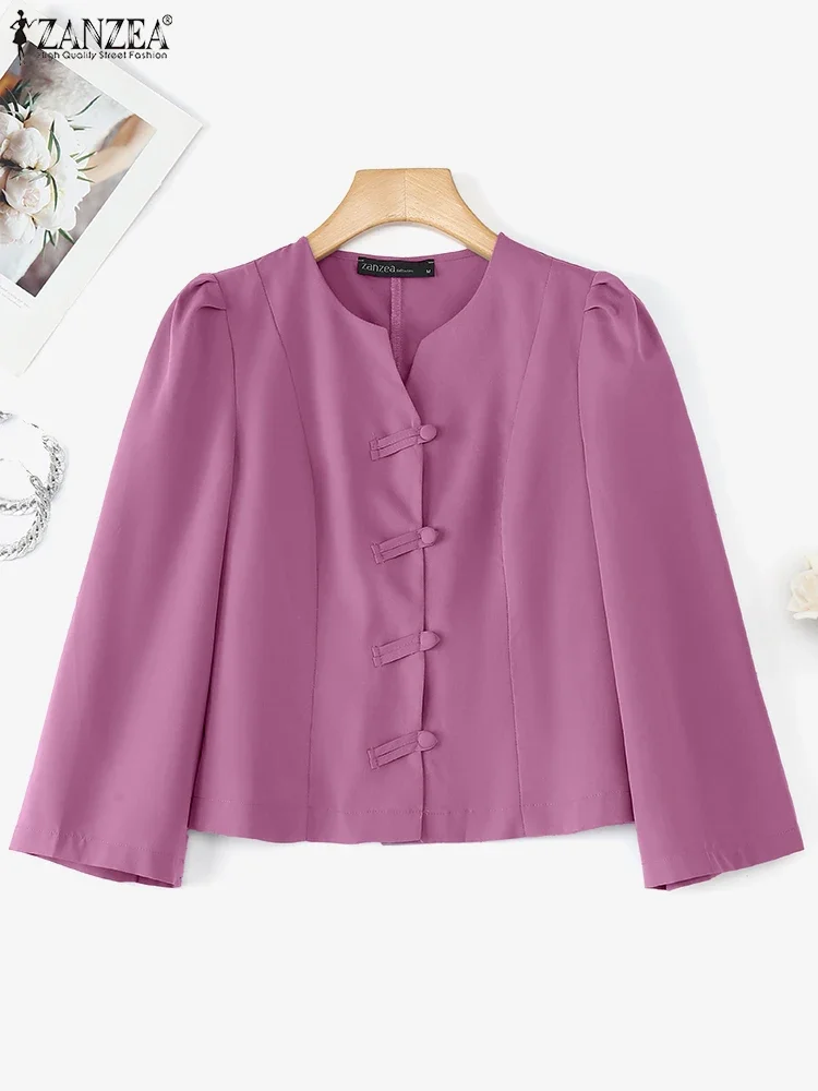 ZANZEA Camicie alla moda Donna Autunno Elegante OL Office Lady Camicette Manica a 3/4 Bottoni solidi Tunica Top Con scollo a V Blusas coreani