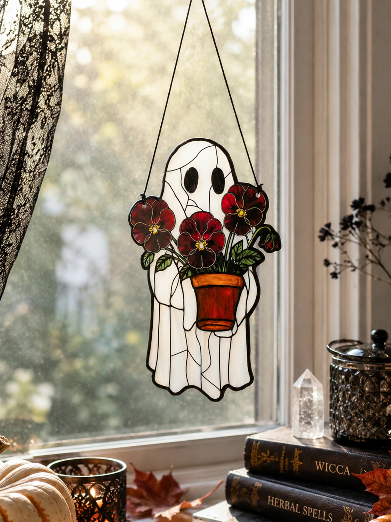 Halloween Ghost Holding Flower Pot Acrylic Suncatcher Window Hanging Gothic Spooky Home Indoor Autumn Fall Wall Decor Pendant view 3