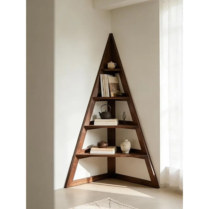 New Chinese-style North American black walnut bookshelf, Song-style aesthetic minimalist corner rack, living room corner rack, s