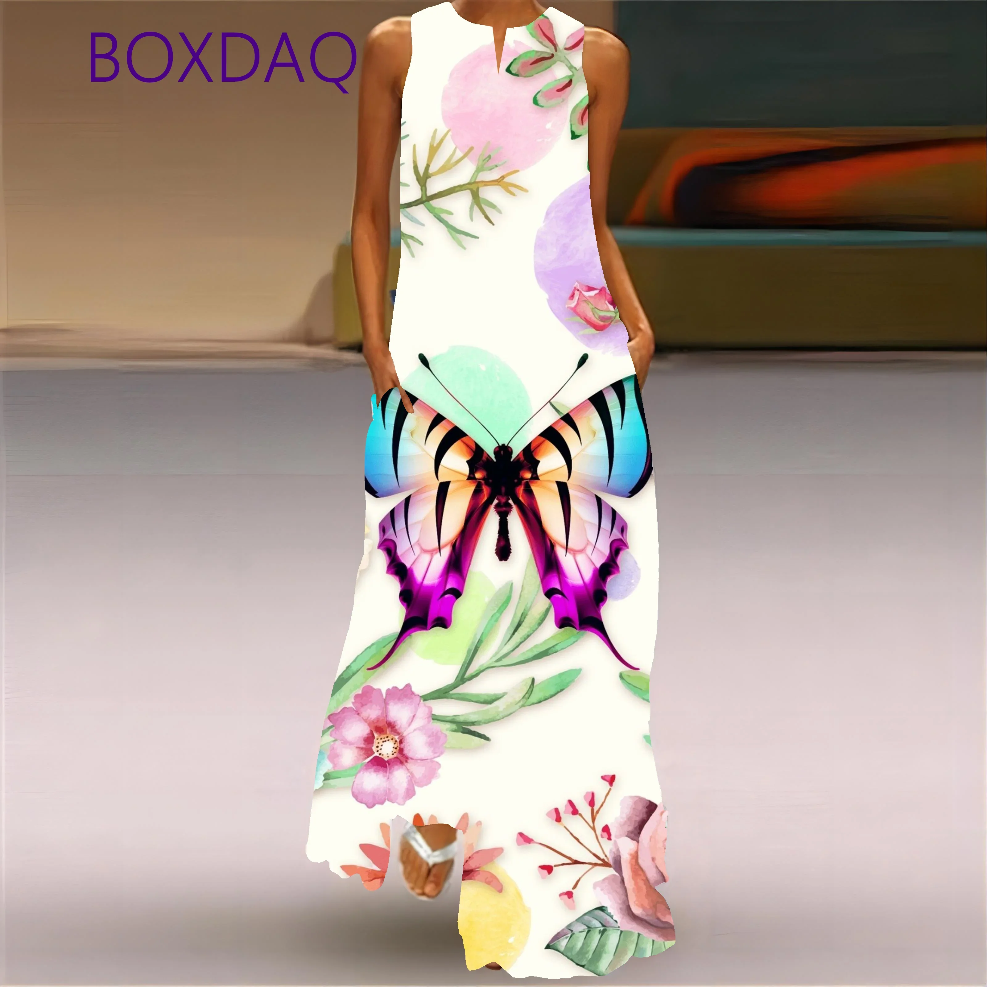 Spring Summer Vintage 3D Butterfly Printed Long Dresses For Women Fashion V-neck Loose Sleeveless Casual Vestidos Female Robe