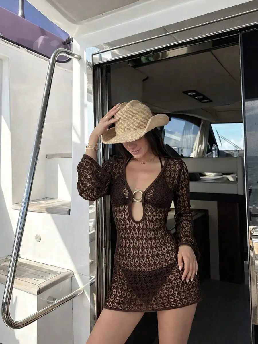 

Womens Brown Lace Cover Up Dress With Ring Detail, Beach Swimwear For Summer