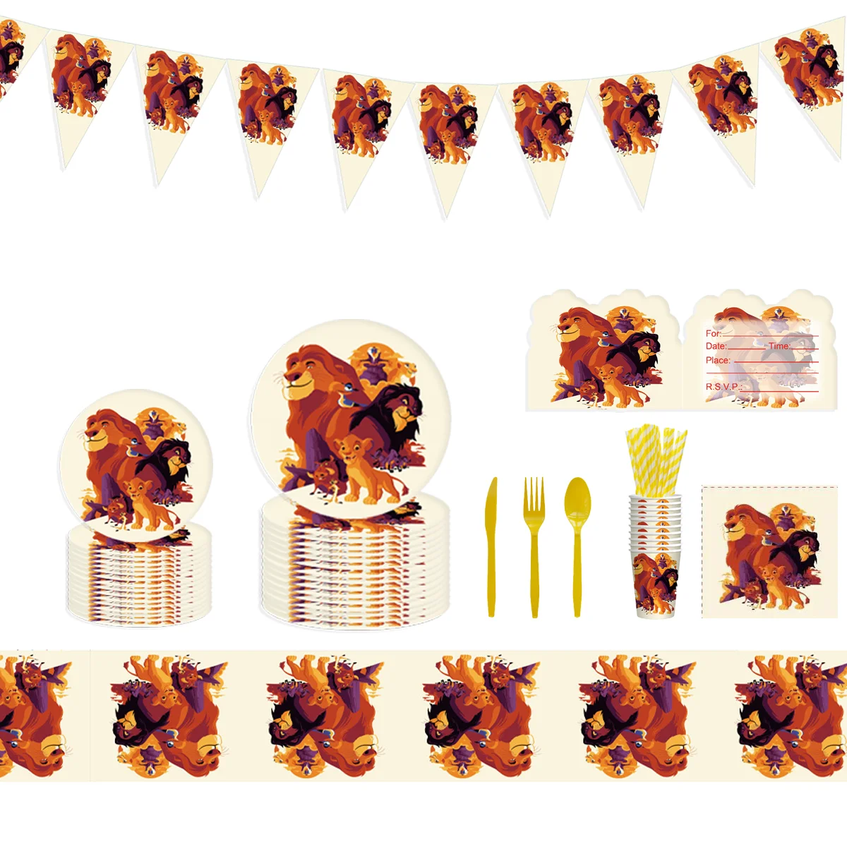 

New Lion King Simba Birthday Party Decorations With Balloon Banner Tablecloth Paper Cups and Plates Napkins for Kid Baby Shower