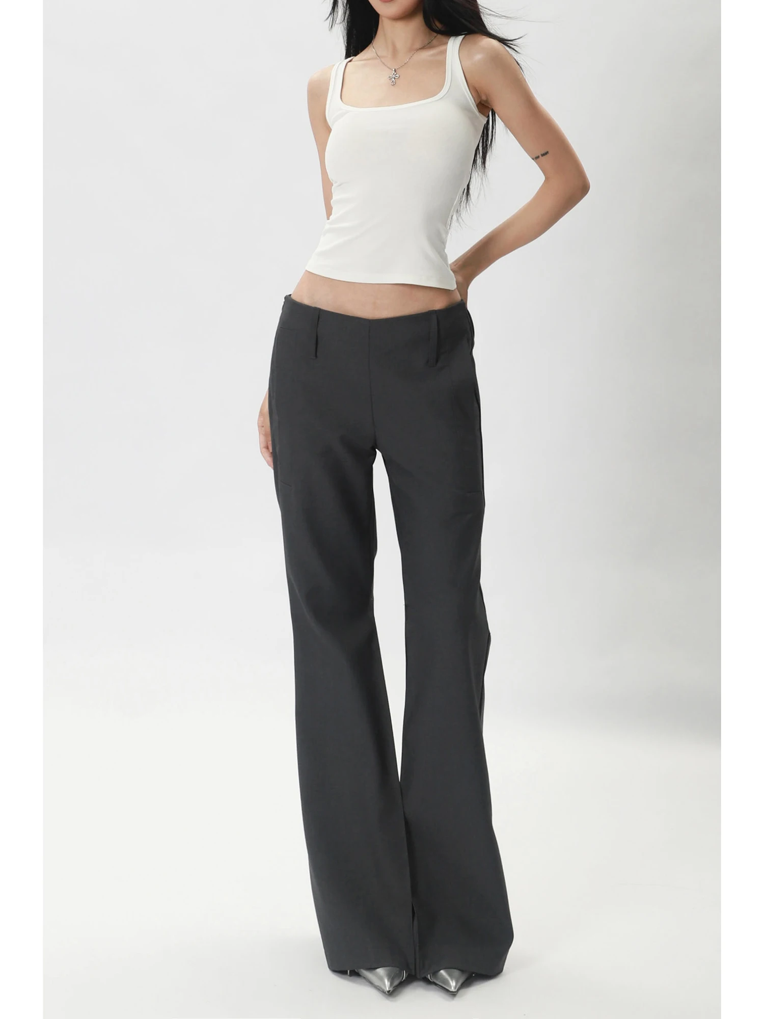 

Sexy Low Waist Wide Leg Suit Pants Non Stretchy Slimming Long Legs Cosite Ultra Model Micro Flared Trousers Straight Cut