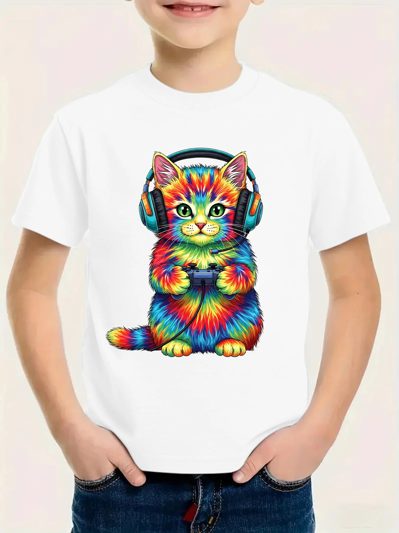 Rainbow Gaming Cat Headset Controller Family Matching Cotton Tees Short Sleeve Tops For Mom Dad Boys Girls Daily Wear