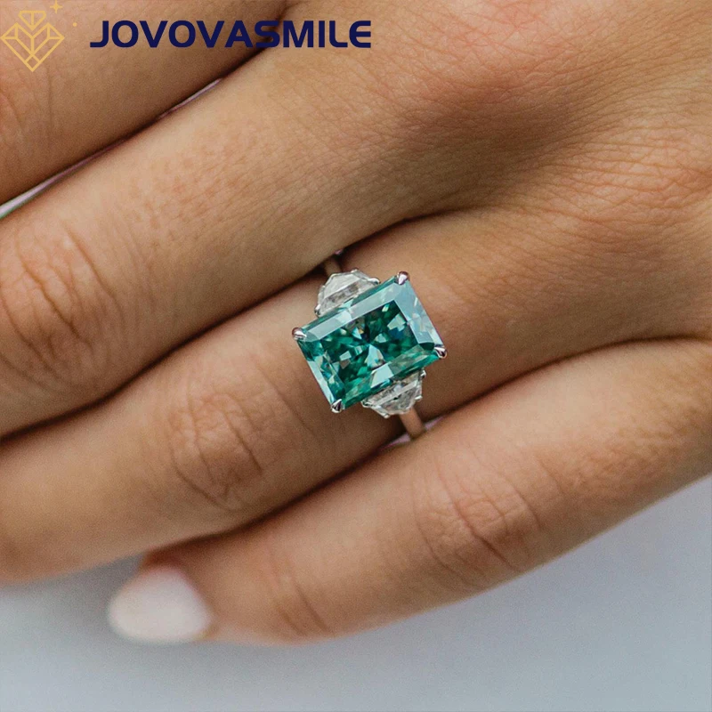 

JOVOVASMILE Moissanite Diamond Ring 4.5carat 11x8mm Crushed Ice Hybrid Elongated Radiant Fancy Blue/Green Gem 18k White Gold