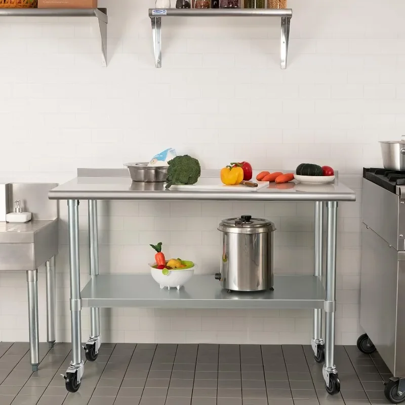 Stainless Steel Table 24 x 72 Inches with Wheels Casters NSF Heavy Duty Commercial Prep Table with 2” Backsplash