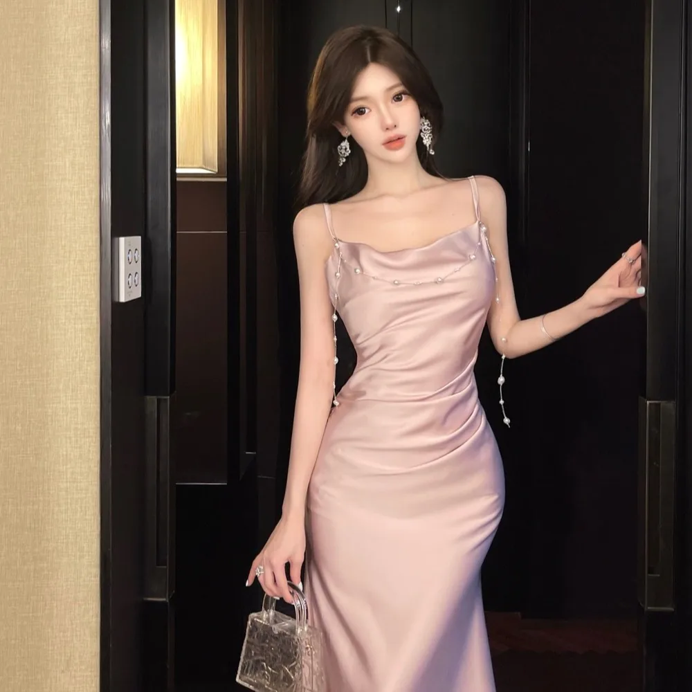 

Fall Winter New Design Sensual Satin Drapey Strap Dr Chain Decoration High Waist Pure Desire Sle Long Skirt Bodycon Dr