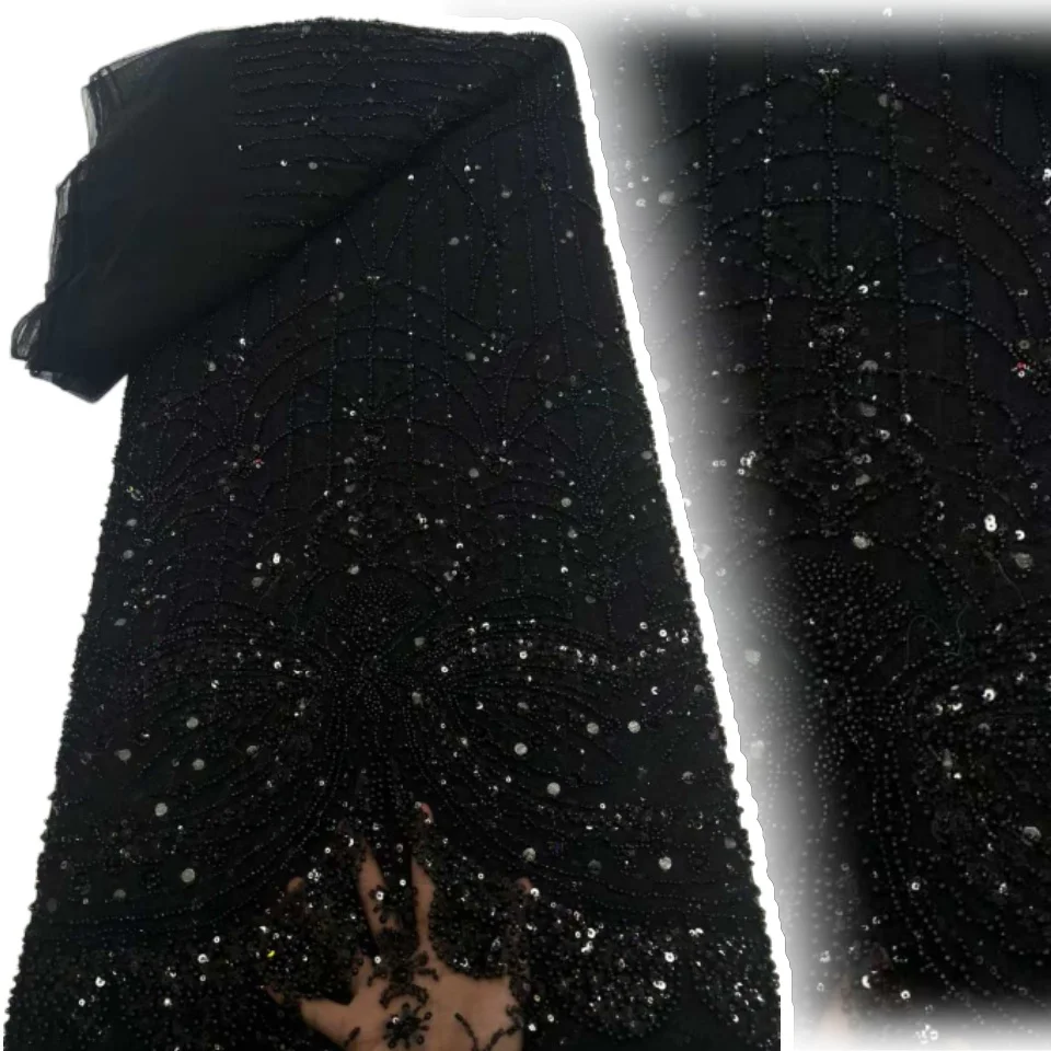 

5yards Nigerian Blue Customised African Groom Heavy Beaded Lace Fabric French Tulle Sequin Lace Fabric Women's Party Dresss 2234