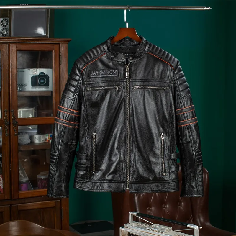 YR!Free shipping.Wholesales.black short rider genuine leather jacket.Cool motor biker skulls cow leather coat.quality clothes