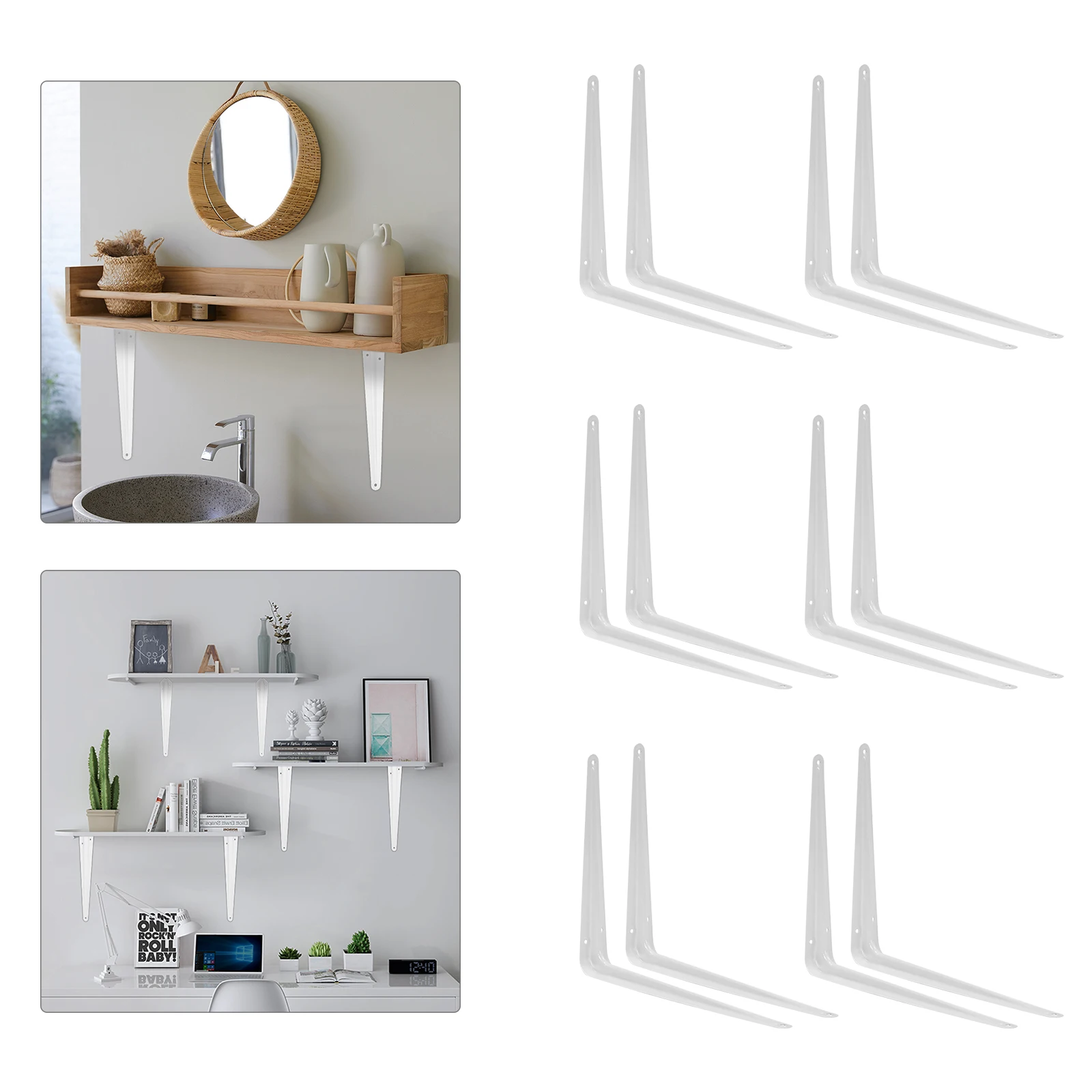 ขายึดชั้นวางของแบบหนา 10x12 นิ้ว 12 ชิ้น สีขาว—เหล็กกล้าคาร์บอน ทาสีอบป้องกันสนิม เหมาะสำหรับห้องซักรีด/ห้องเก็บของ ประหยัดพื้นที่