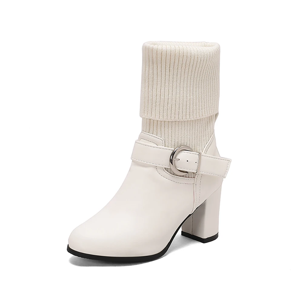 New Winter Fashion Beige White Women Mid Calf Boots Sexy High Heels Lady Dress Shoes Plus Small Big Size 33 13 43 48 52