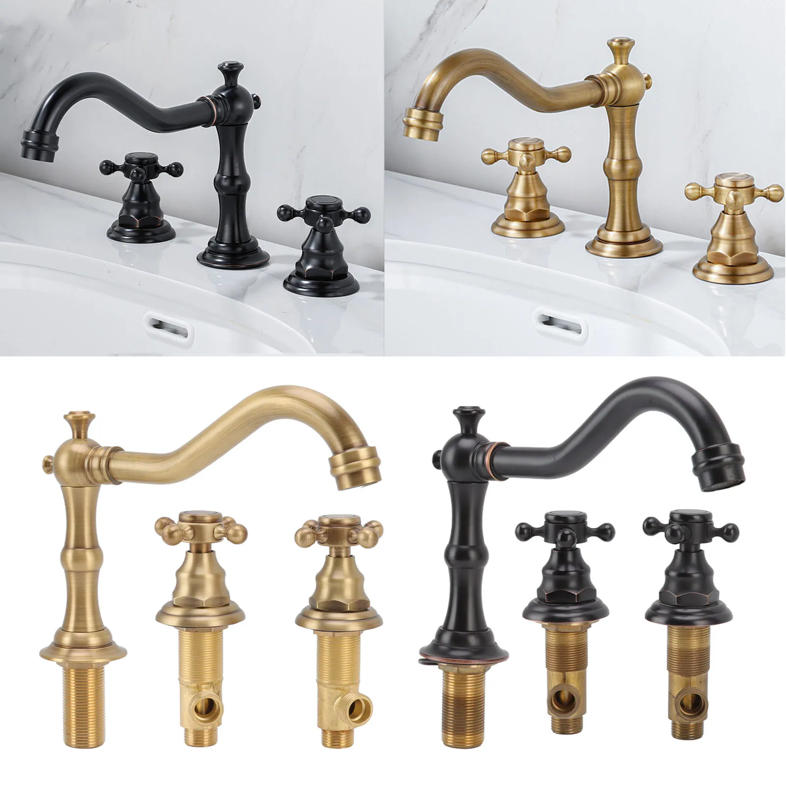 

Double Handle Faucet Copper Leakproof Corrosion Resistant Beautiful G1/2 Thread Three Hole Bathroom Basin Faucet