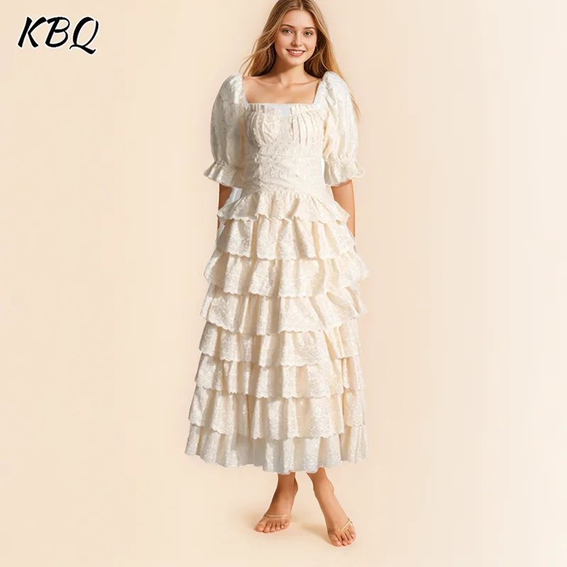 

KBQ Patchwork Embroidery Tieered Long Dress For Women Square Collar Puff Sleeve High Waist Temperament Elegant Dresses Female