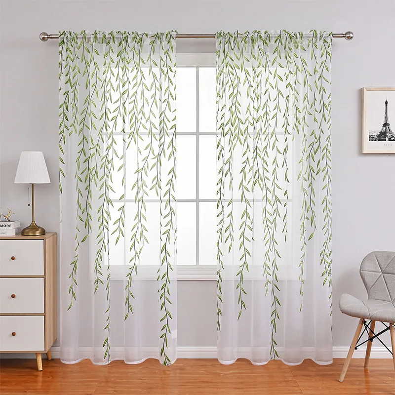 Curtain Leave Jacquard Treatment Semi-sheer Rod Pocket Window Curtains for Living Room Bedroom Simple Modern Style 2 Panels