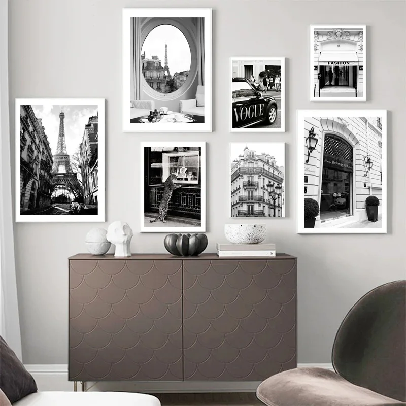 

Modern Pop Wall Art Paris Towel Fashion Tower Retro Taxi Girl Wall Art Canvas Painting Black and White Poster Home Decor