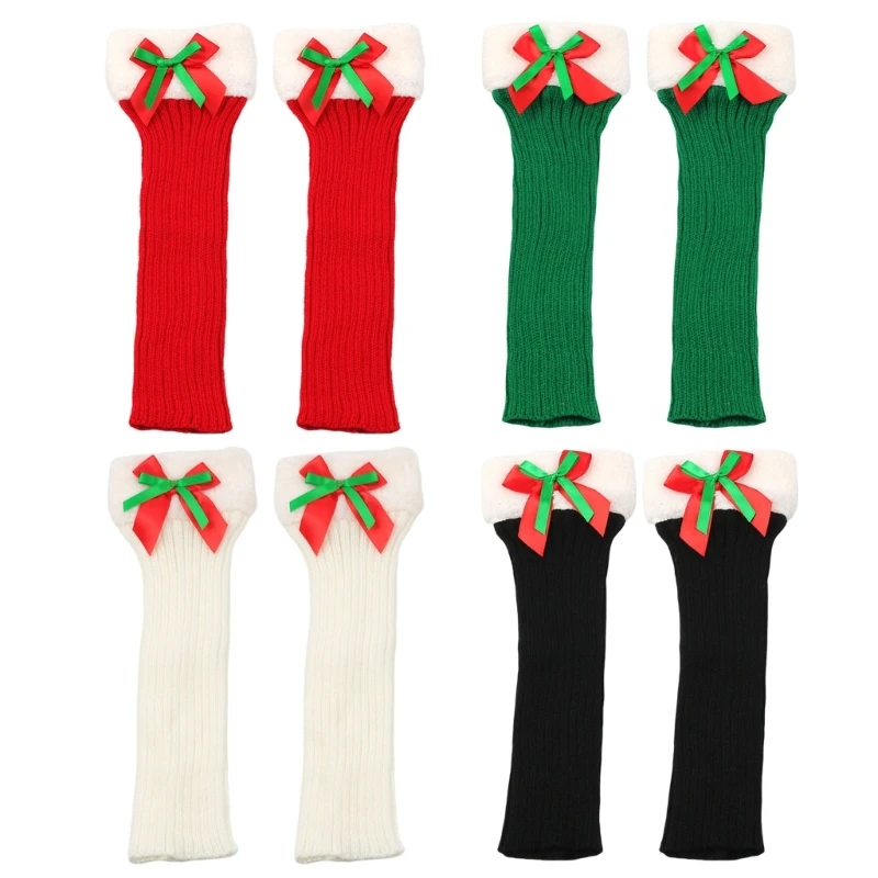 

Christmas Themed Warm Leg Warmers Plush Trim Bowknot Knit Boot Cuffs for Women