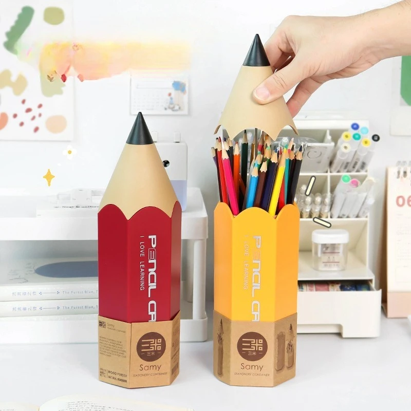 Pencil-shaped pen holder with lid, dust-proof stationery storage case, storage bucket, makeup brush container