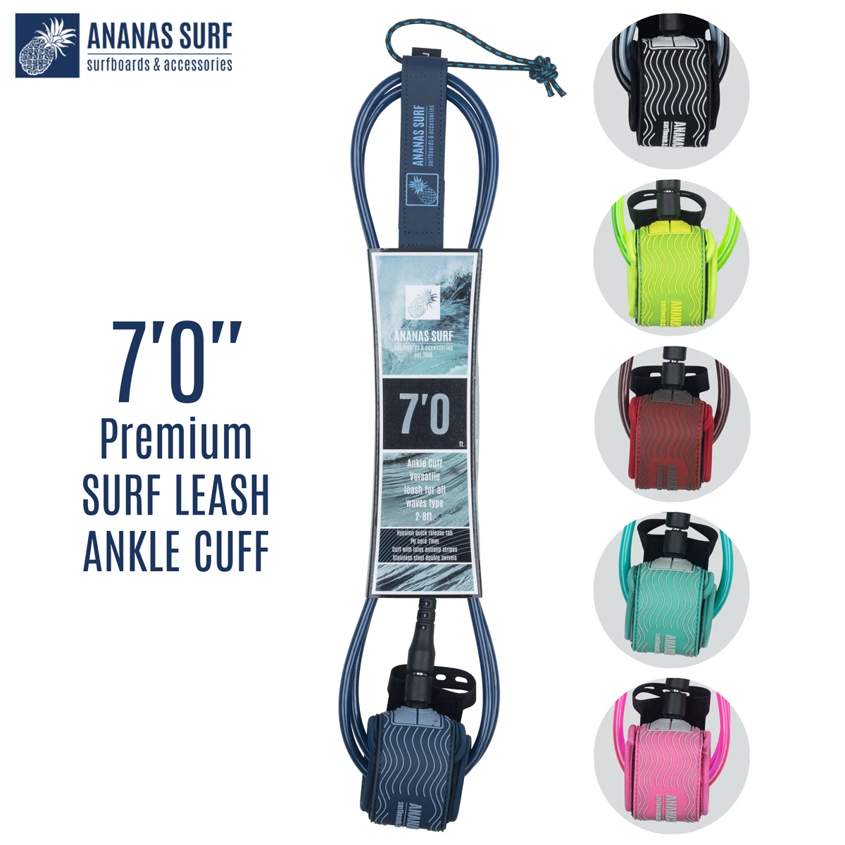 Ananas  Surf Leash 7ft.0in.213cm Premium Short Surfboard Ankle Cuff Foot Leg Rope Safety Cord 7mm TPU Release City Wave